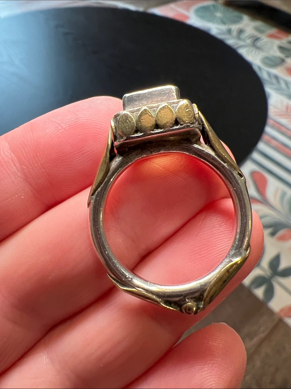 VTG Etruscan Style Gold Brass Petal Sterling Silver Emerald Cut Citrine Ring - Picture 5 of 9
